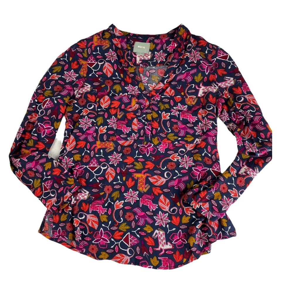 Maeve Anthropologie Moonflower Popover Top Size 2 Blouse Squirrels Long Sleeve
